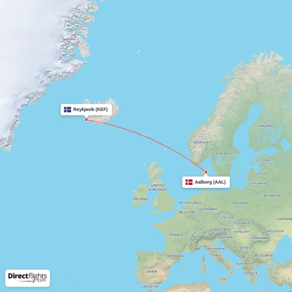 Aalborg - Reykjavik direct flight map
