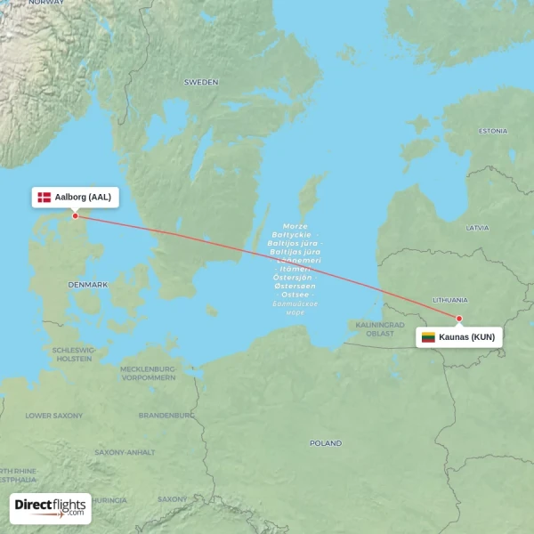 Aalborg - Kaunas direct flight map