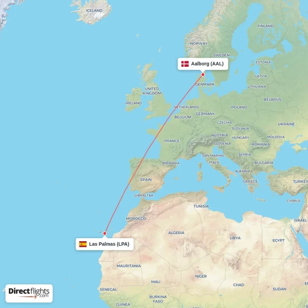 Aalborg - Las Palmas direct flight map