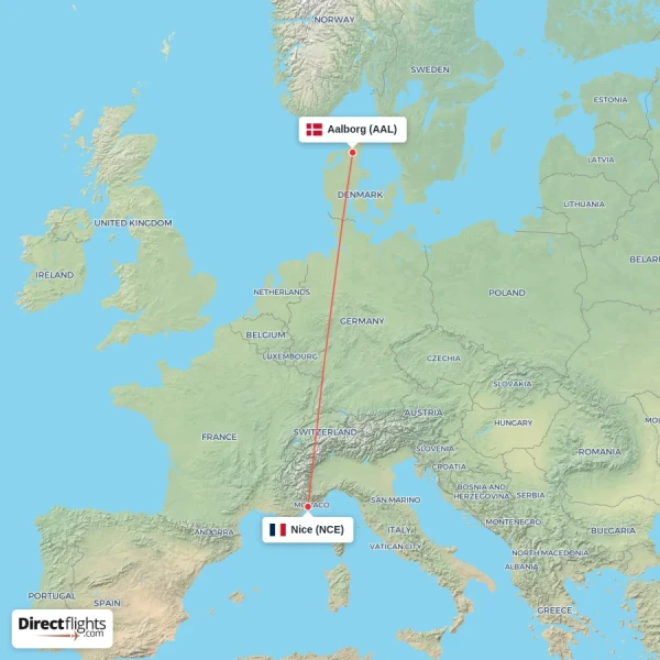 Aalborg - Nice direct flight map