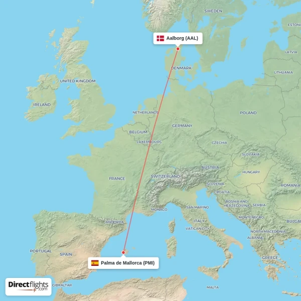 Aalborg - Palma de Mallorca direct flight map