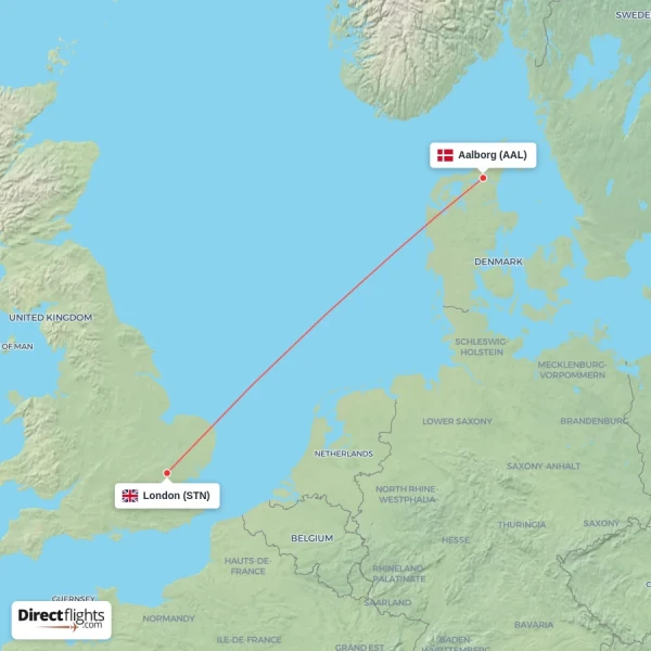 Aalborg - London direct flight map