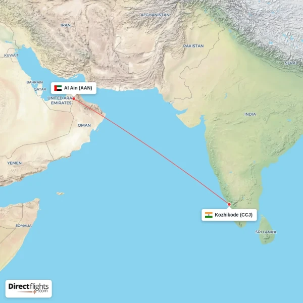 Al Ain - Kozhikode direct flight map