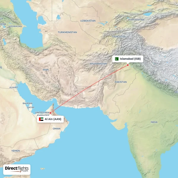 Al Ain - Islamabad direct flight map