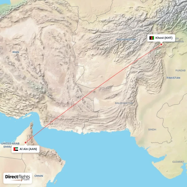 Al Ain - Khost direct flight map