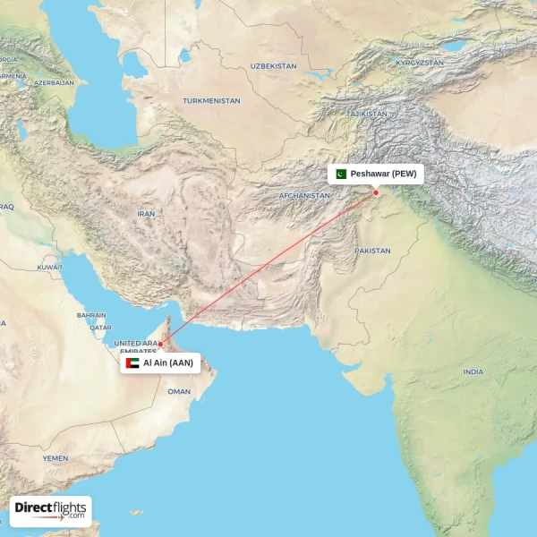 Al Ain - Peshawar direct flight map
