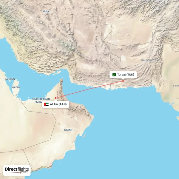 Al Ain - Turbat direct flight map