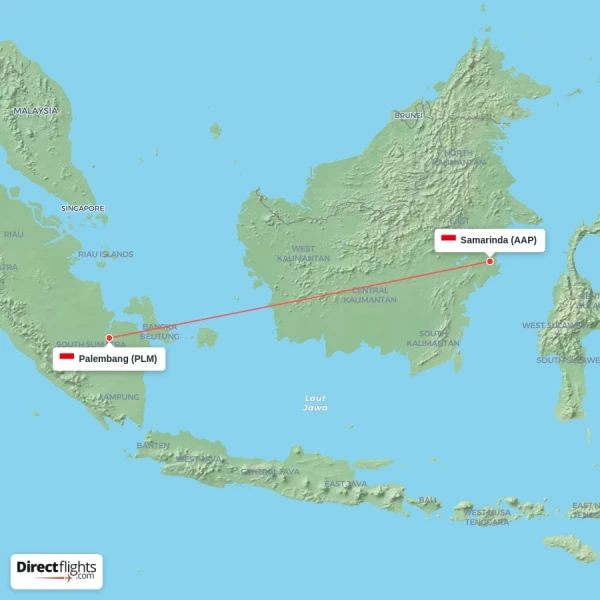 Samarinda - Palembang direct flight map
