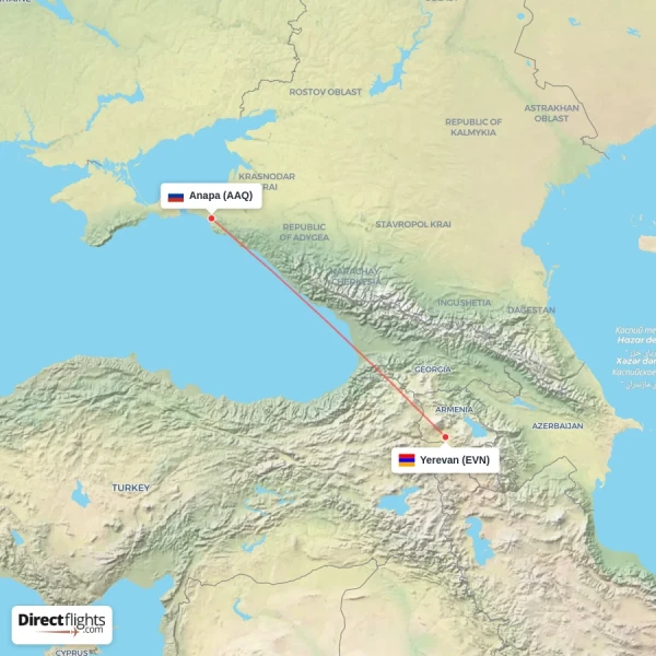 Anapa - Yerevan direct flight map