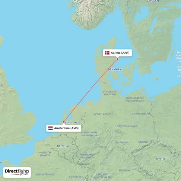 Aarhus - Amsterdam direct flight map