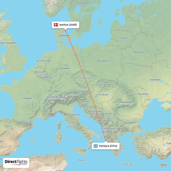 Aarhus - Kerkyra direct flight map
