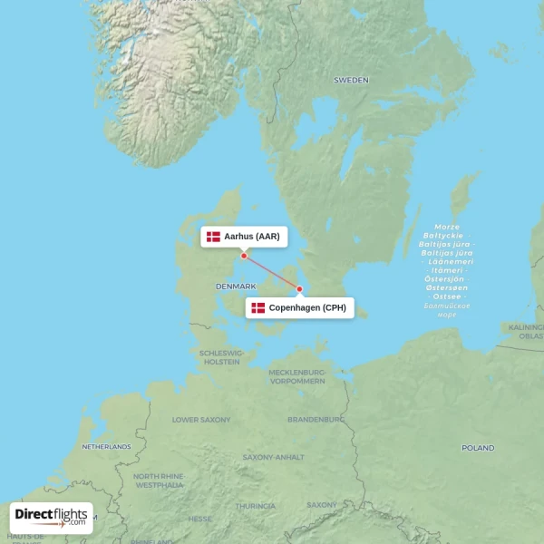 Aarhus - Copenhagen direct flight map