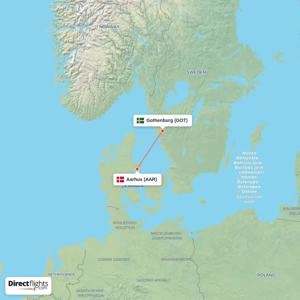 Aarhus - Gothenburg direct flight map