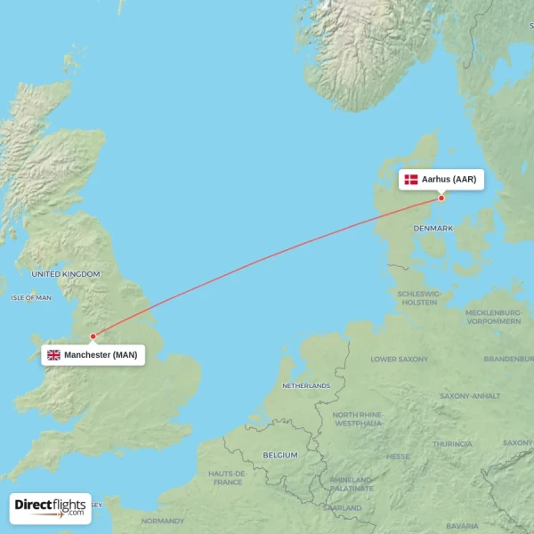 Aarhus - Manchester direct flight map