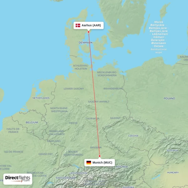 Aarhus - Munich direct flight map