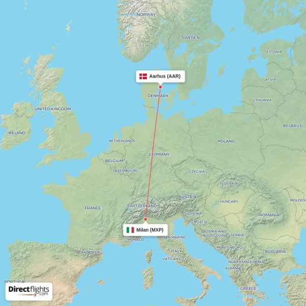 Aarhus - Milan direct flight map