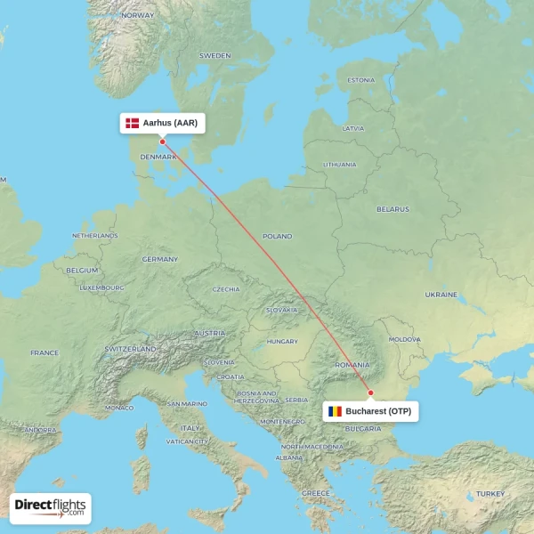 Aarhus - Bucharest direct flight map