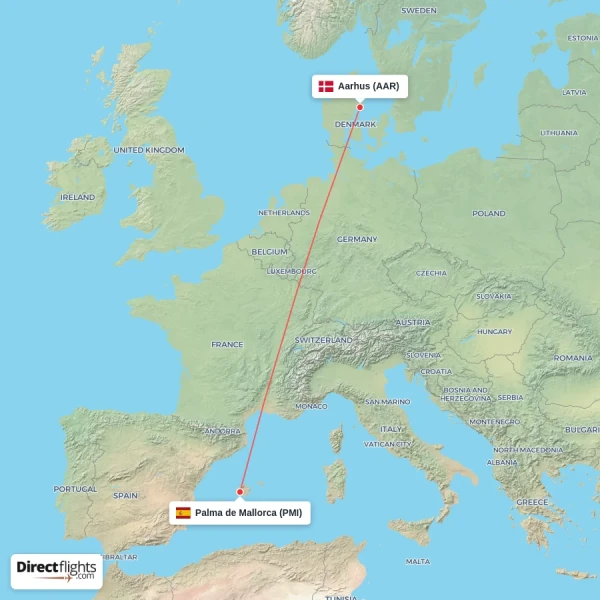 Aarhus - Palma de Mallorca direct flight map