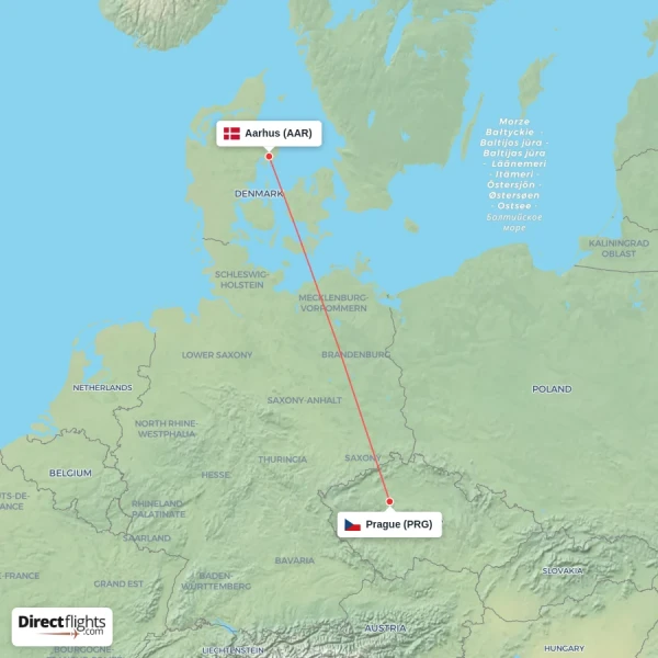 Aarhus - Prague direct flight map