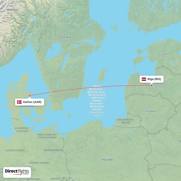 Aarhus - Riga direct flight map