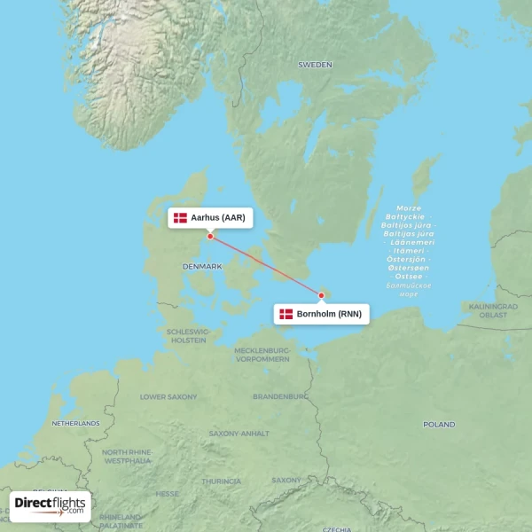 Aarhus - Bornholm direct flight map