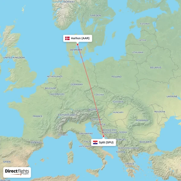 Aarhus - Split direct flight map