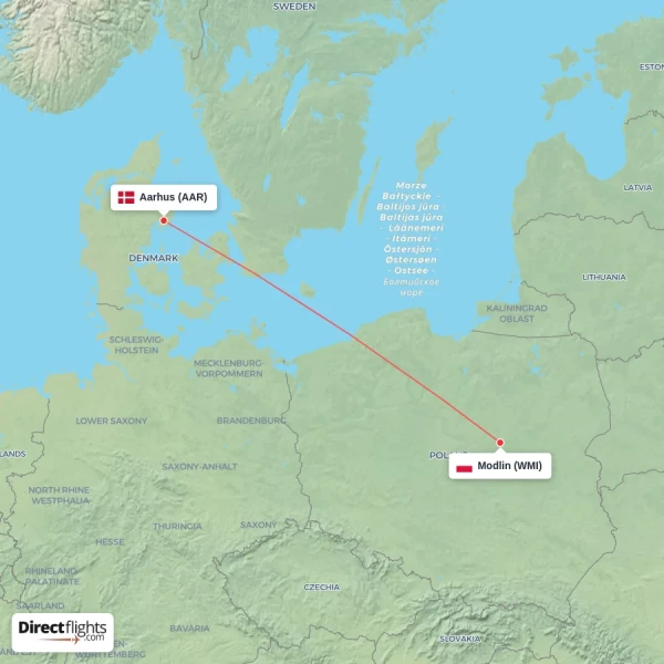 Aarhus - Modlin direct flight map