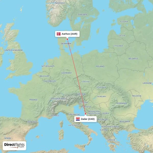 Aarhus - Zadar direct flight map