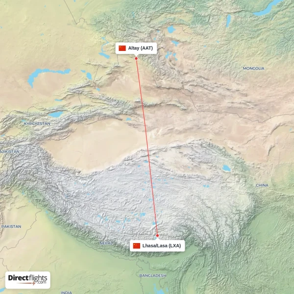 Altay - Lhasa/Lasa direct flight map