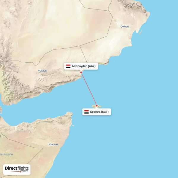 Al Ghaydah - Socotra direct flight map