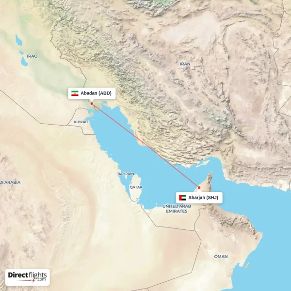 Abadan - Sharjah direct flight map