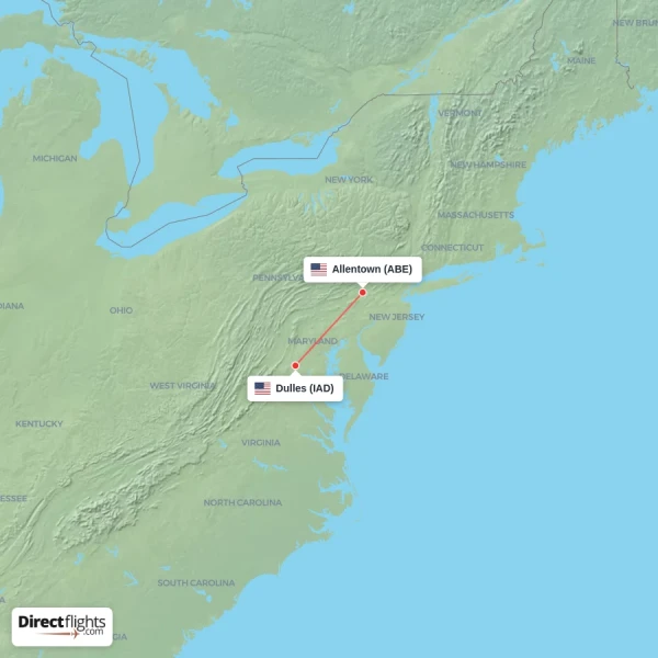 Allentown - Dulles direct flight map