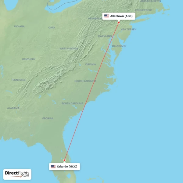 Allentown - Orlando direct flight map