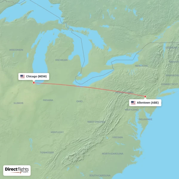 Allentown - Chicago direct flight map
