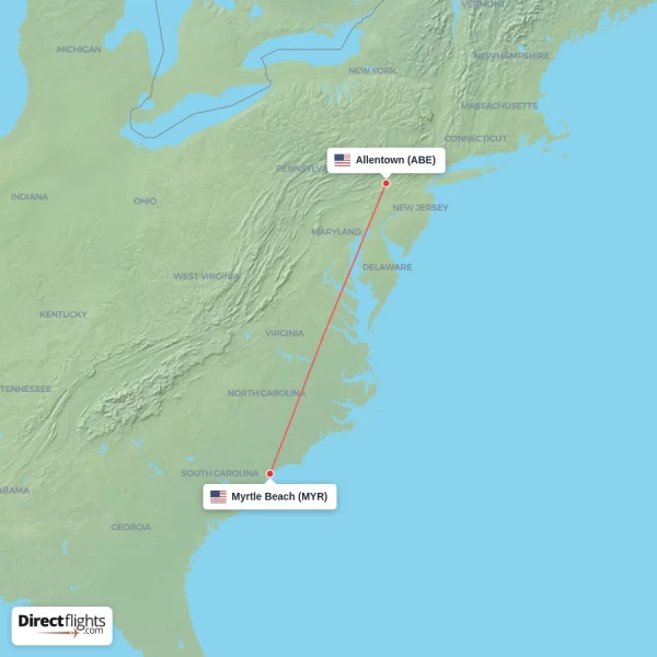 Allentown - Myrtle Beach direct flight map