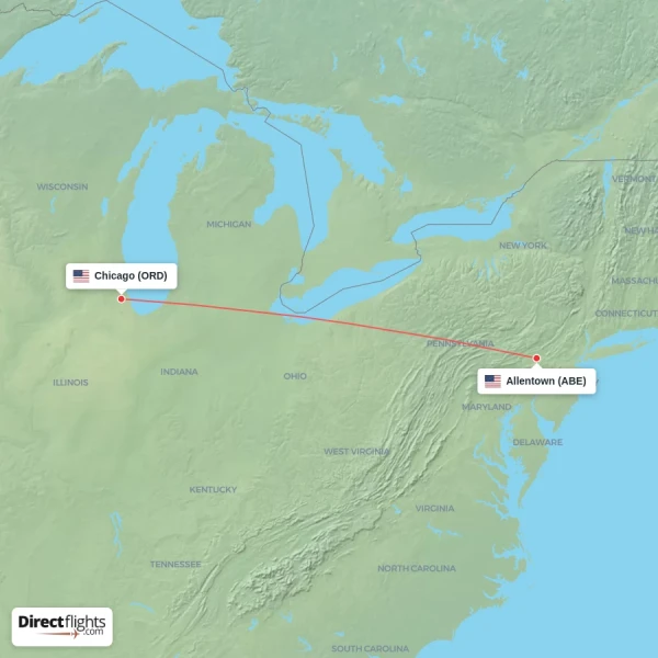 Allentown - Chicago direct flight map