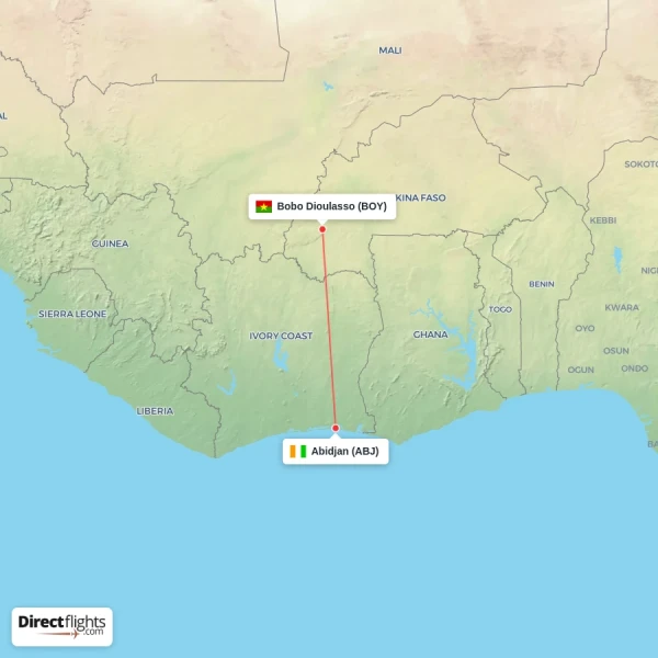 Abidjan - Bobo Dioulasso direct flight map