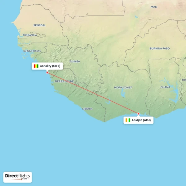Abidjan - Conakry direct flight map