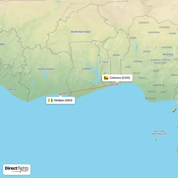 Abidjan - Cotonou direct flight map