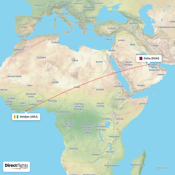 Abidjan - Doha direct flight map