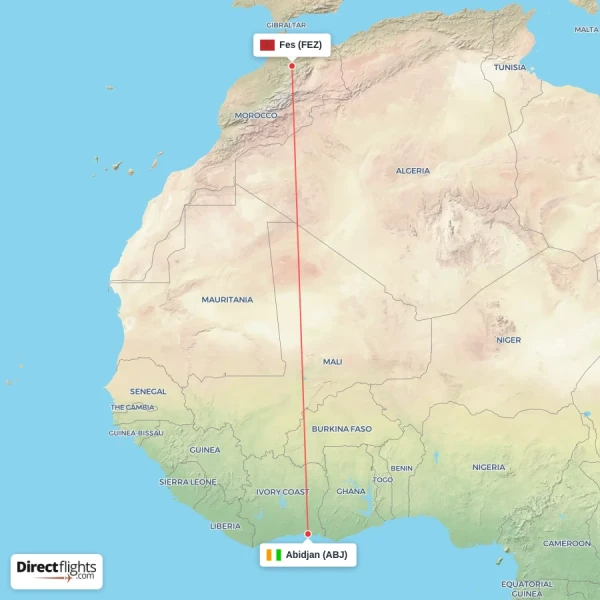 Abidjan - Fes direct flight map