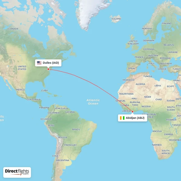 Abidjan - Dulles direct flight map
