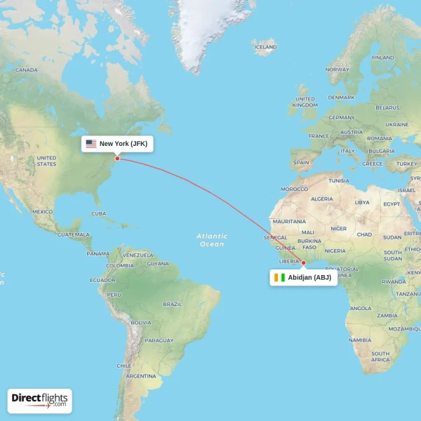 Abidjan - New York direct flight map