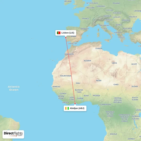 Abidjan - Lisbon direct flight map