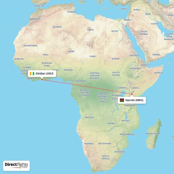 Abidjan - Nairobi direct flight map