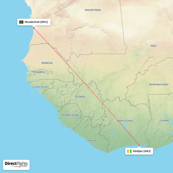 Abidjan - Nouakchott direct flight map