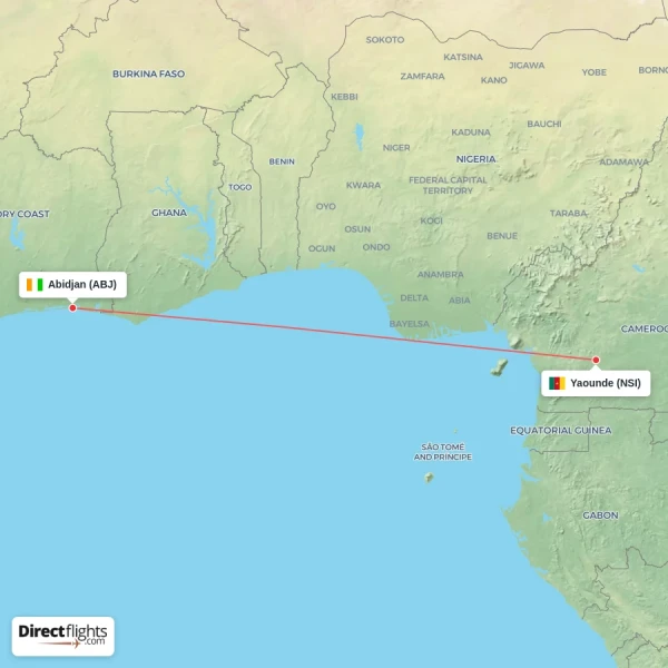 Abidjan - Yaounde direct flight map