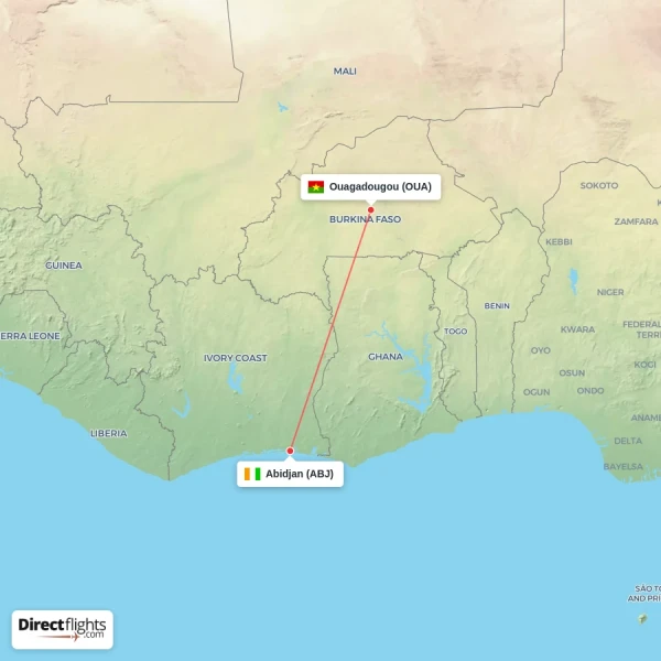 Abidjan - Ouagadougou direct flight map