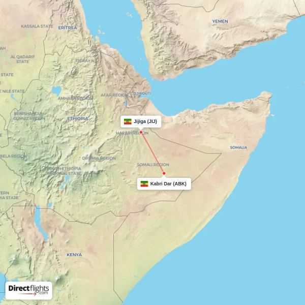 Kabri Dar - Jijiga direct flight map