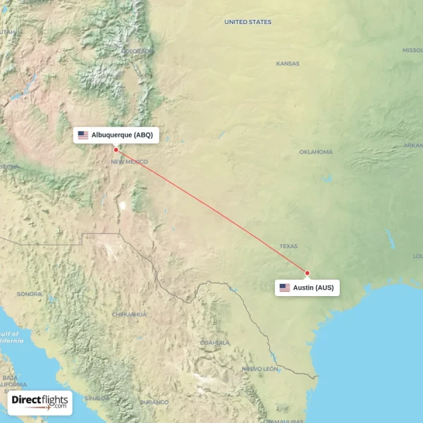 Albuquerque - Austin direct flight map